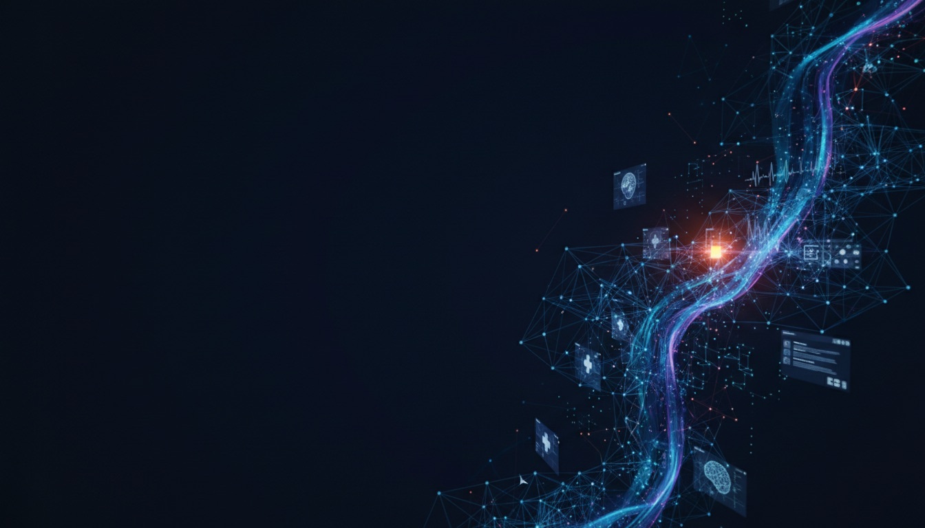 Abstract visualization of healthcare AI infrastructure and clinical data streams on a deep navy background