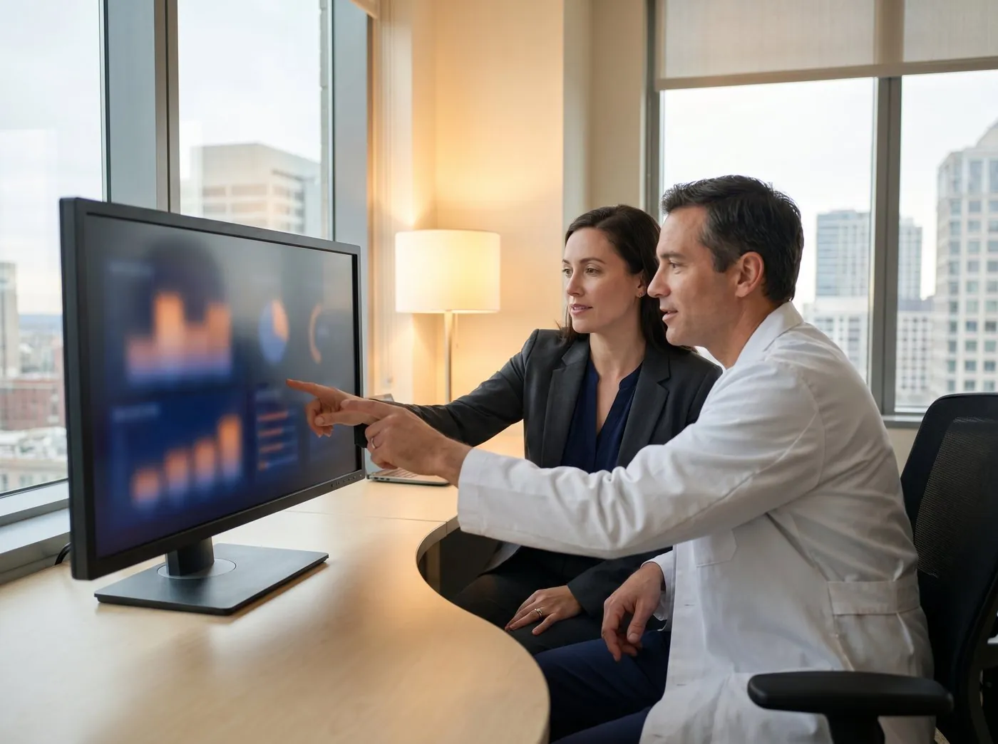 Healthcare engineers reviewing an EHR integration and telemedicine platform in a professional office