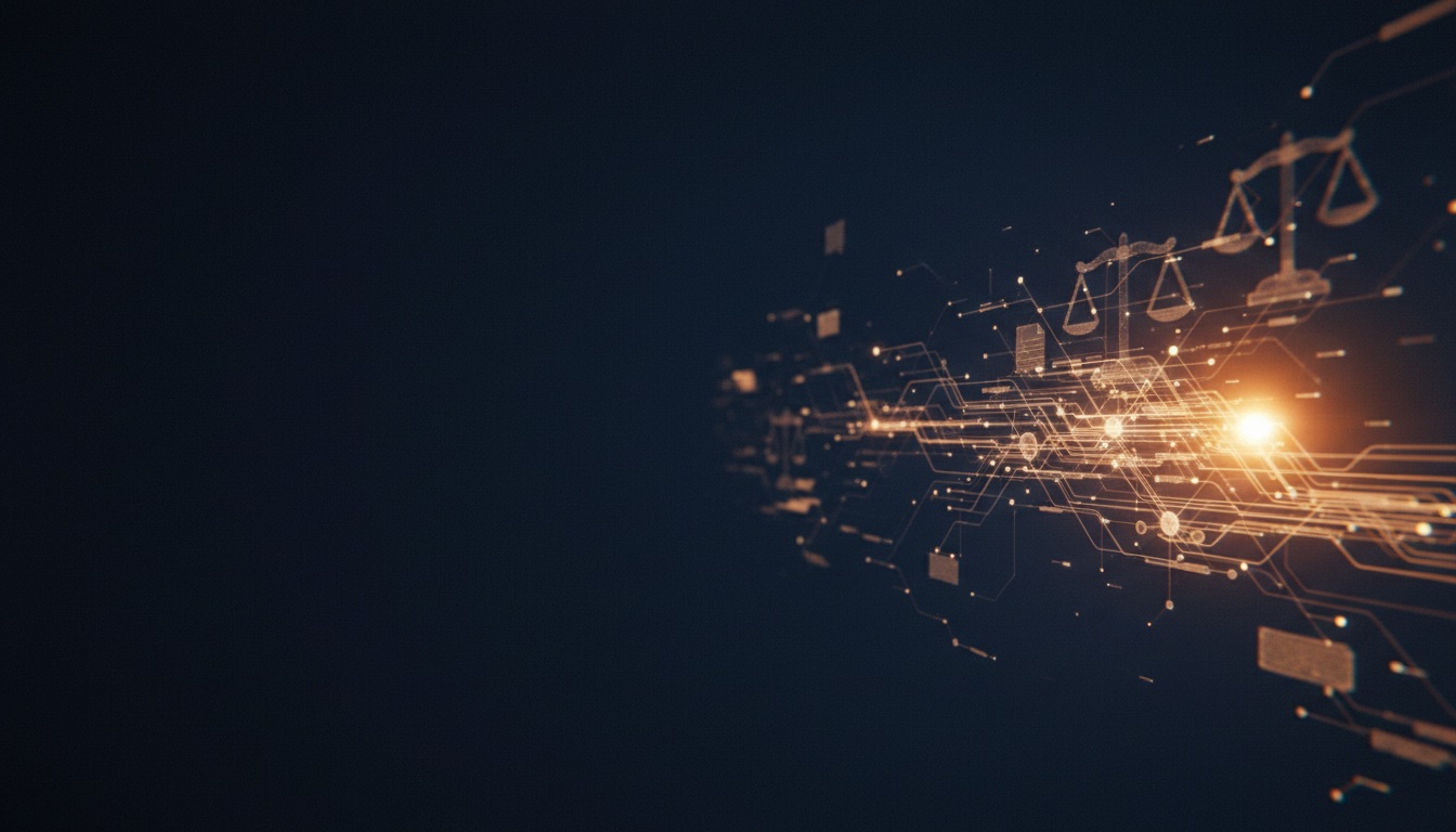 Abstract visualization of legal AI infrastructure and document data streams on a deep navy background