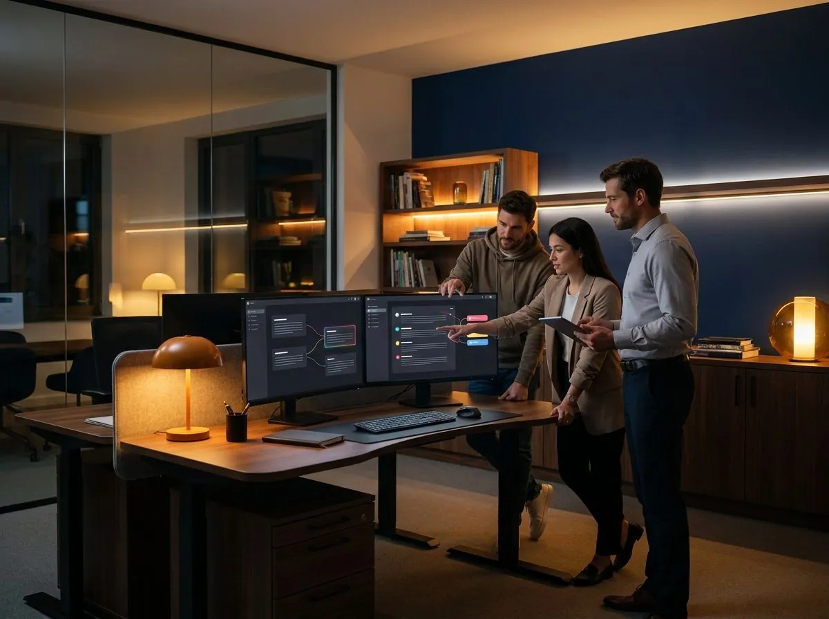 Legal-tech engineers reviewing a practice-management platform and document workflow in a professional office