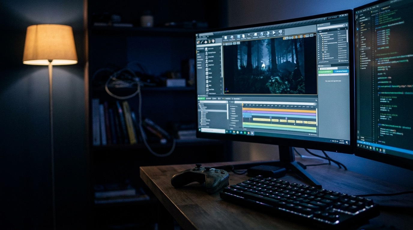A mobile game developer's desk with a game engine editor on a monitor, code on a second screen, and a controller