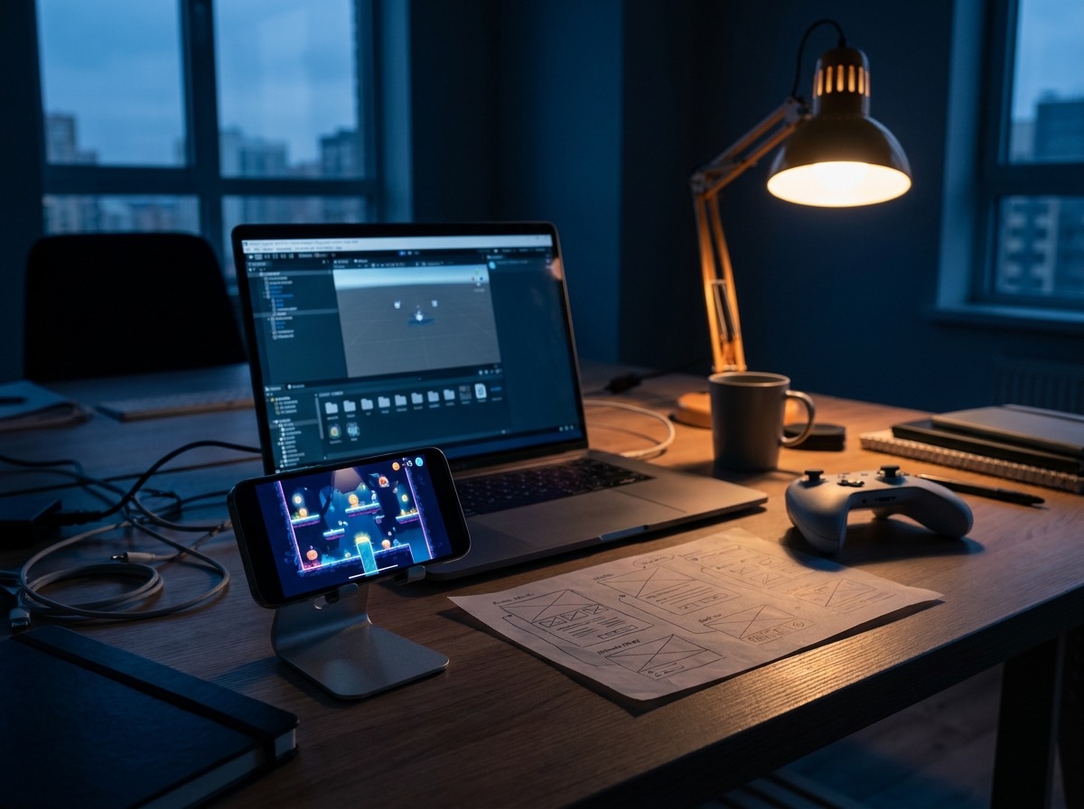 A mobile game on a phone beside a laptop showing a game engine editor and hand-sketched level-design wireframes