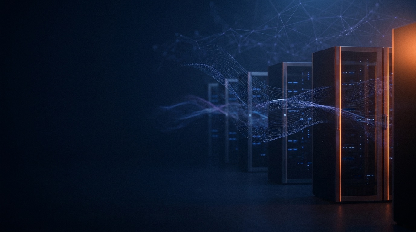 Abstract visualization of enterprise AI infrastructure and data streams on a deep navy background