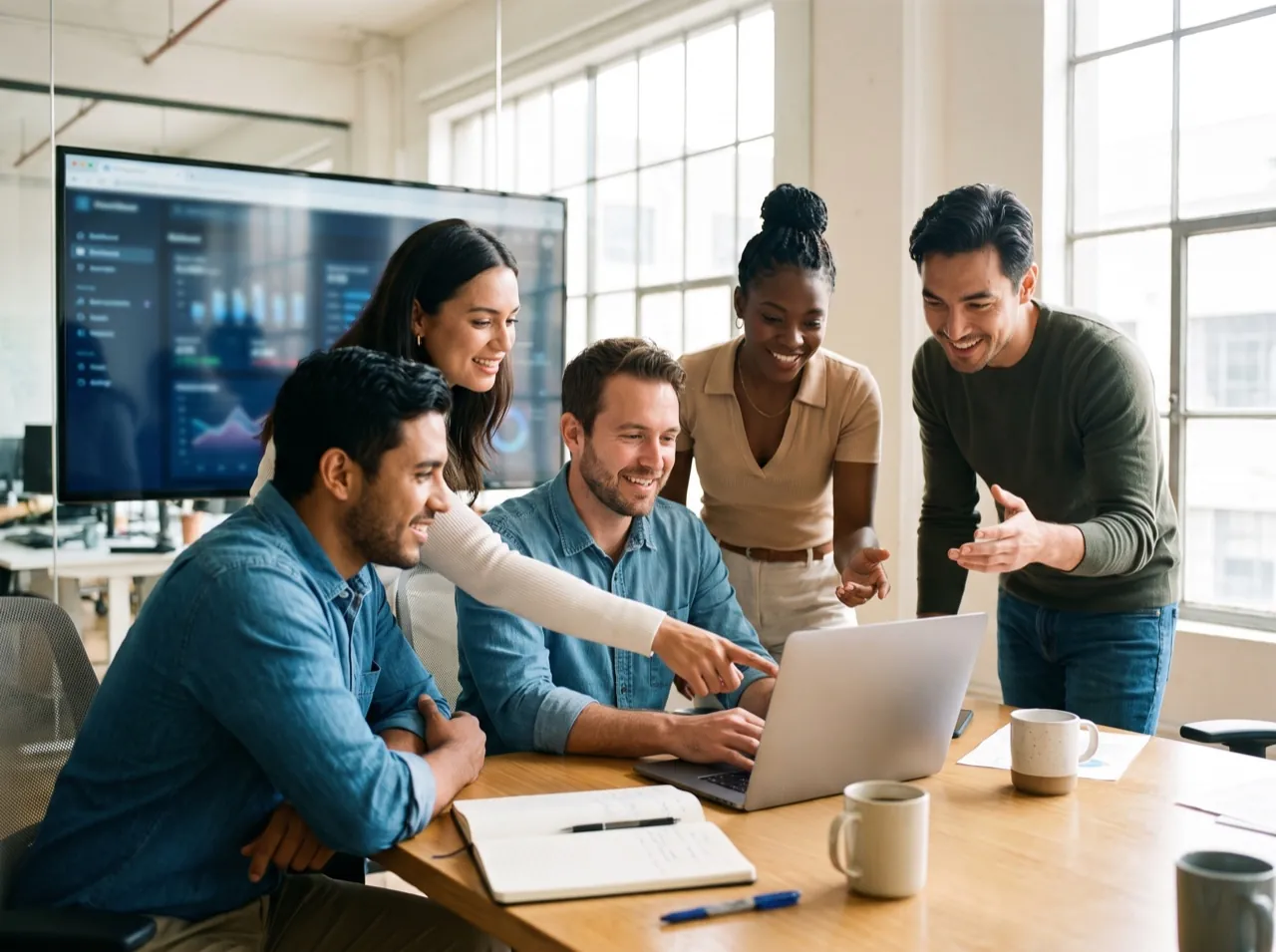 SaaS product and engineering team reviewing an analytics dashboard in a bright modern office