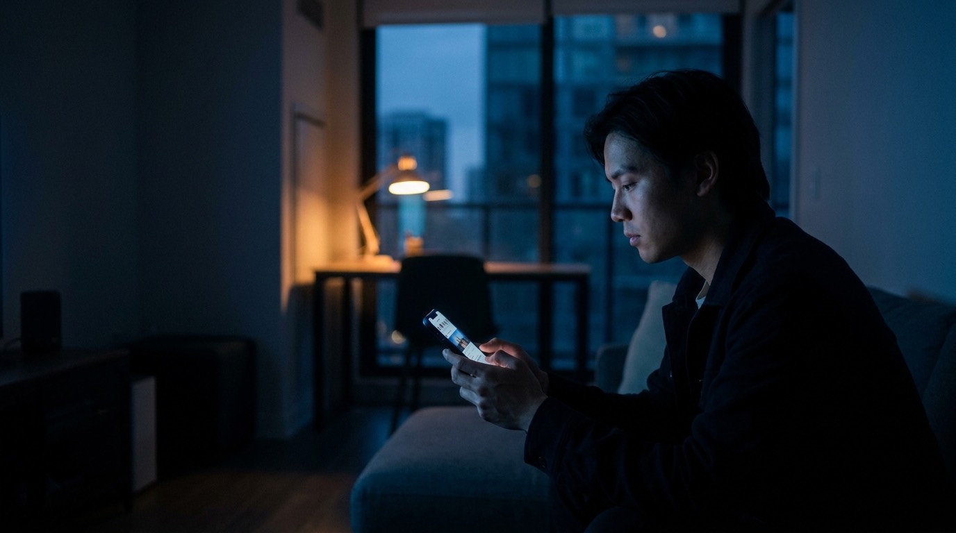 A person using a social media app on a phone at night, the lit screen glowing in a dark room