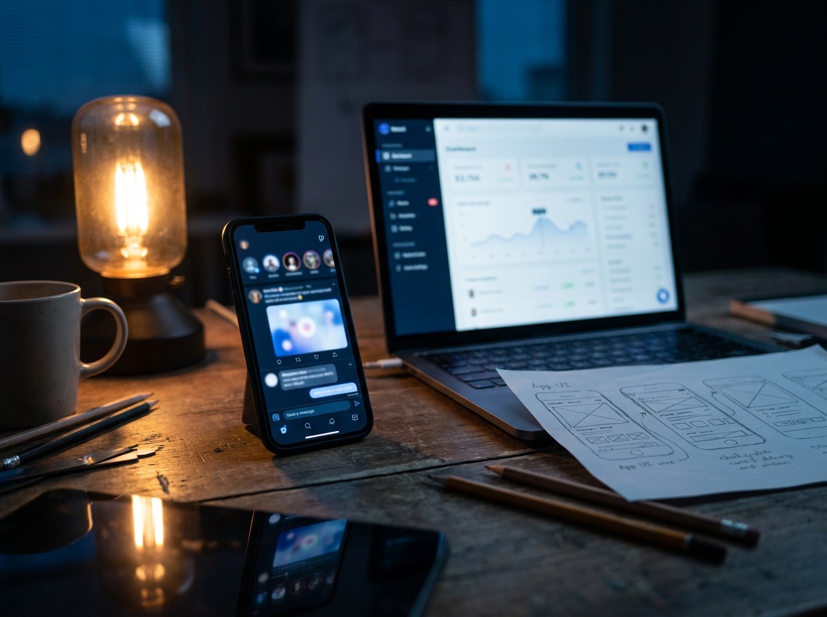 A social media app feed and messaging screen on a phone on a studio desk beside a laptop and a hand-sketched app wireframe