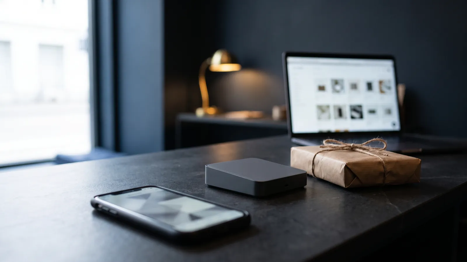 A smartphone showing soft grey shapes on a dark stone shop counter beside a plain card reader, a parcel wrapped in brown paper and string, and a laptop showing a blurred grid of product photos under a brass lamp, no people
