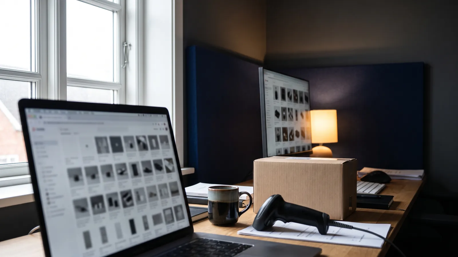 A laptop showing a blurred grid of product thumbnails on a desk by a window, a second monitor with a blurred storefront grid, a plain cardboard box, a handheld barcode scanner, a mug and a warm lamp, no people