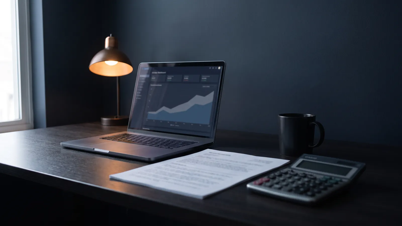 A laptop showing a blurred dark dashboard with a rising area chart on a dark desk beside a printed page with blurred text, a calculator, a black mug and a warm desk lamp, no people