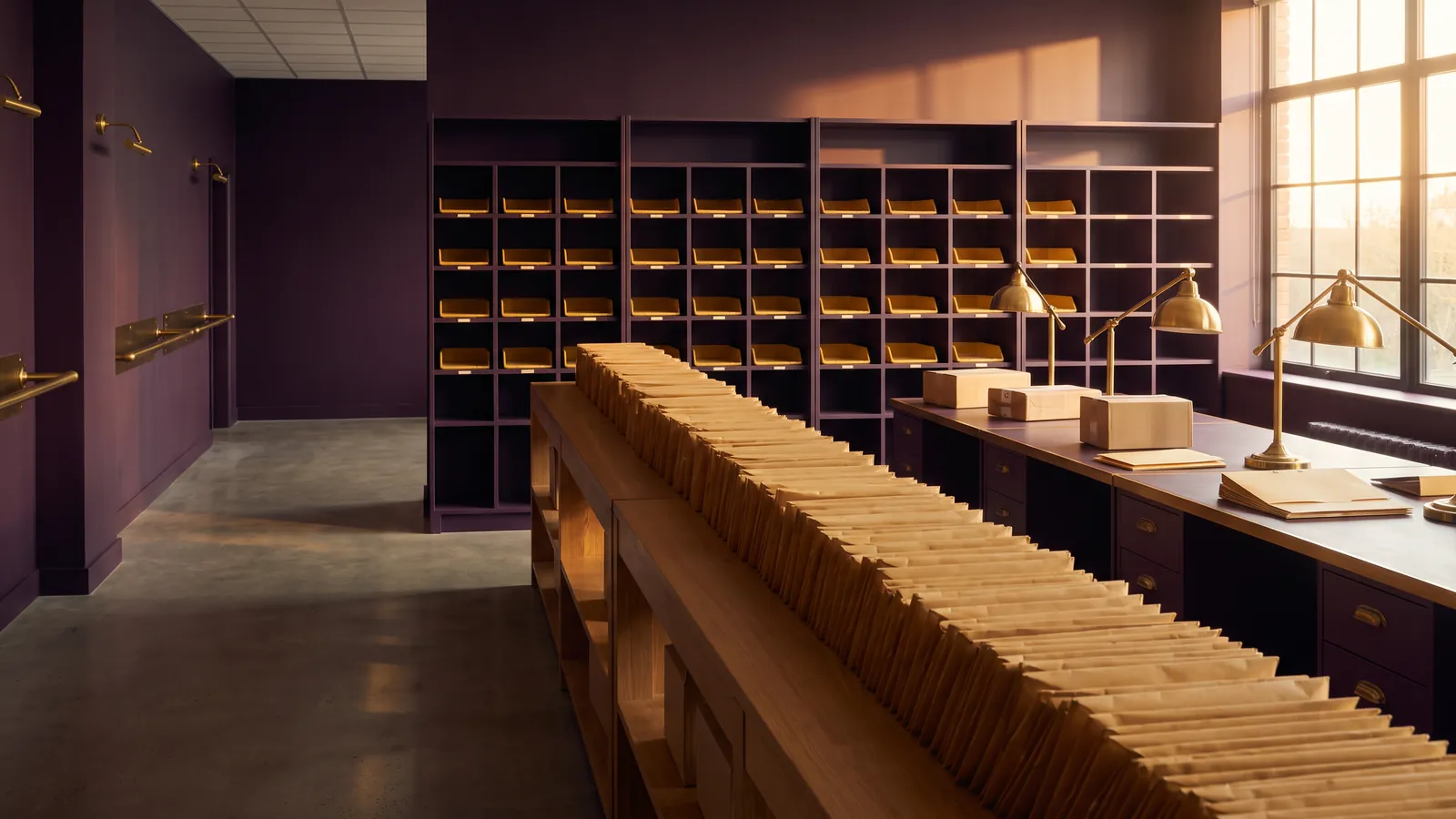 A mail room with aubergine walls in late golden light, where one long wooden bench holds a dense, uniform row of envelopes beside pigeonhole shelves while the other desks hold only a few parcels, no people.