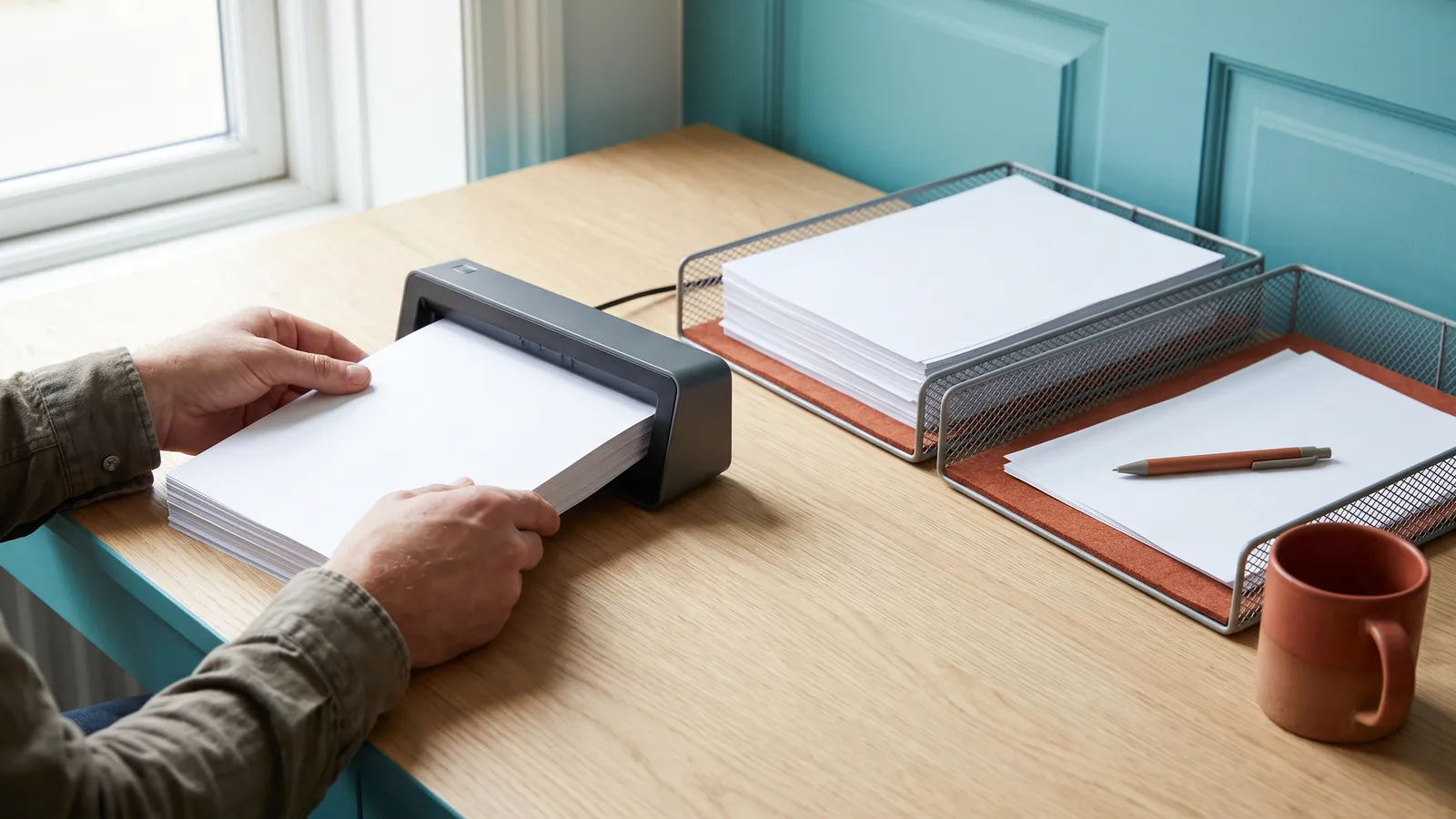 Hands feed a stack of blank pages into a small desktop scanner beside a large wire tray of uniform sheets and a small tray with a few sheets and a pen set aside for review, with a terracotta mug on a pale oak desk.