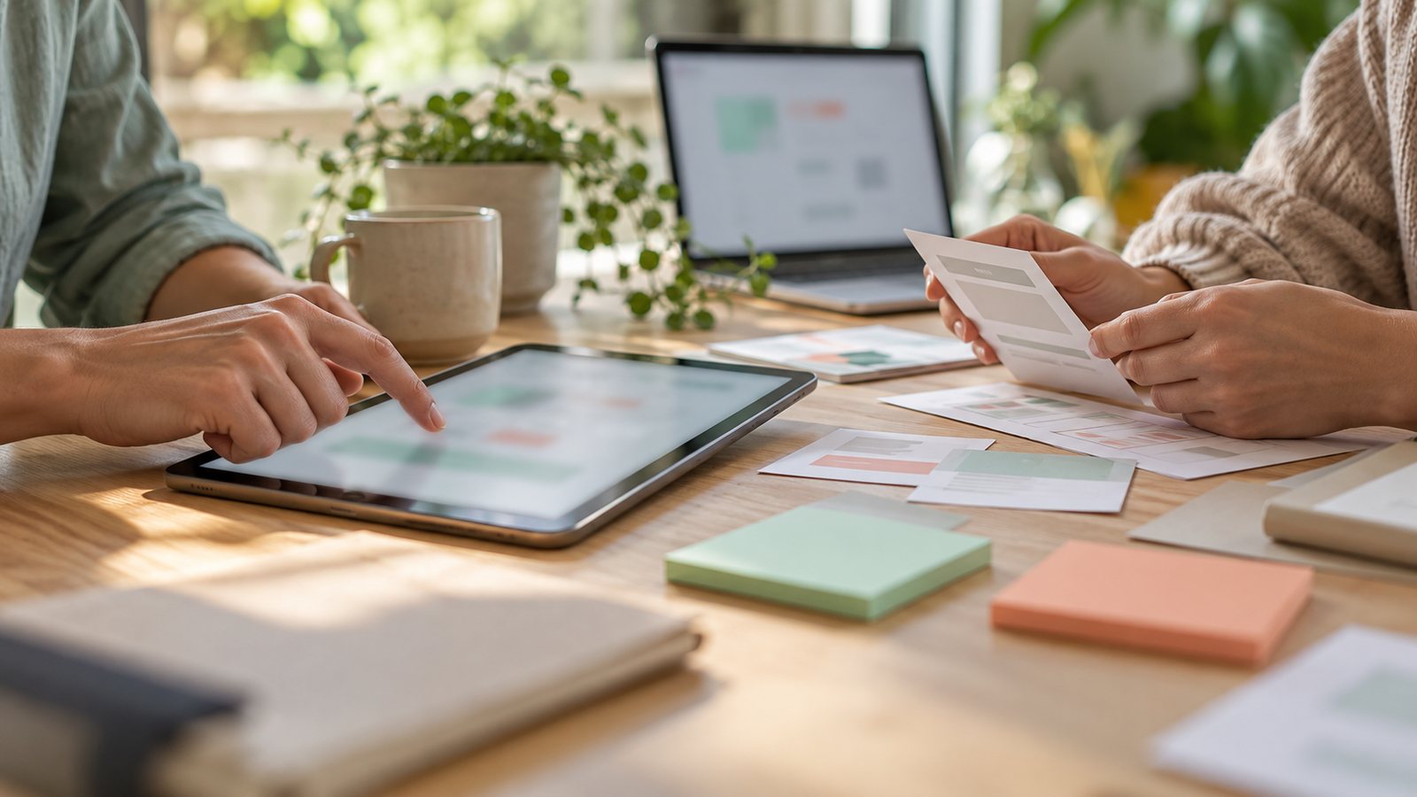 Two people testing a tablet workflow and comparing paper prototypes at a table.