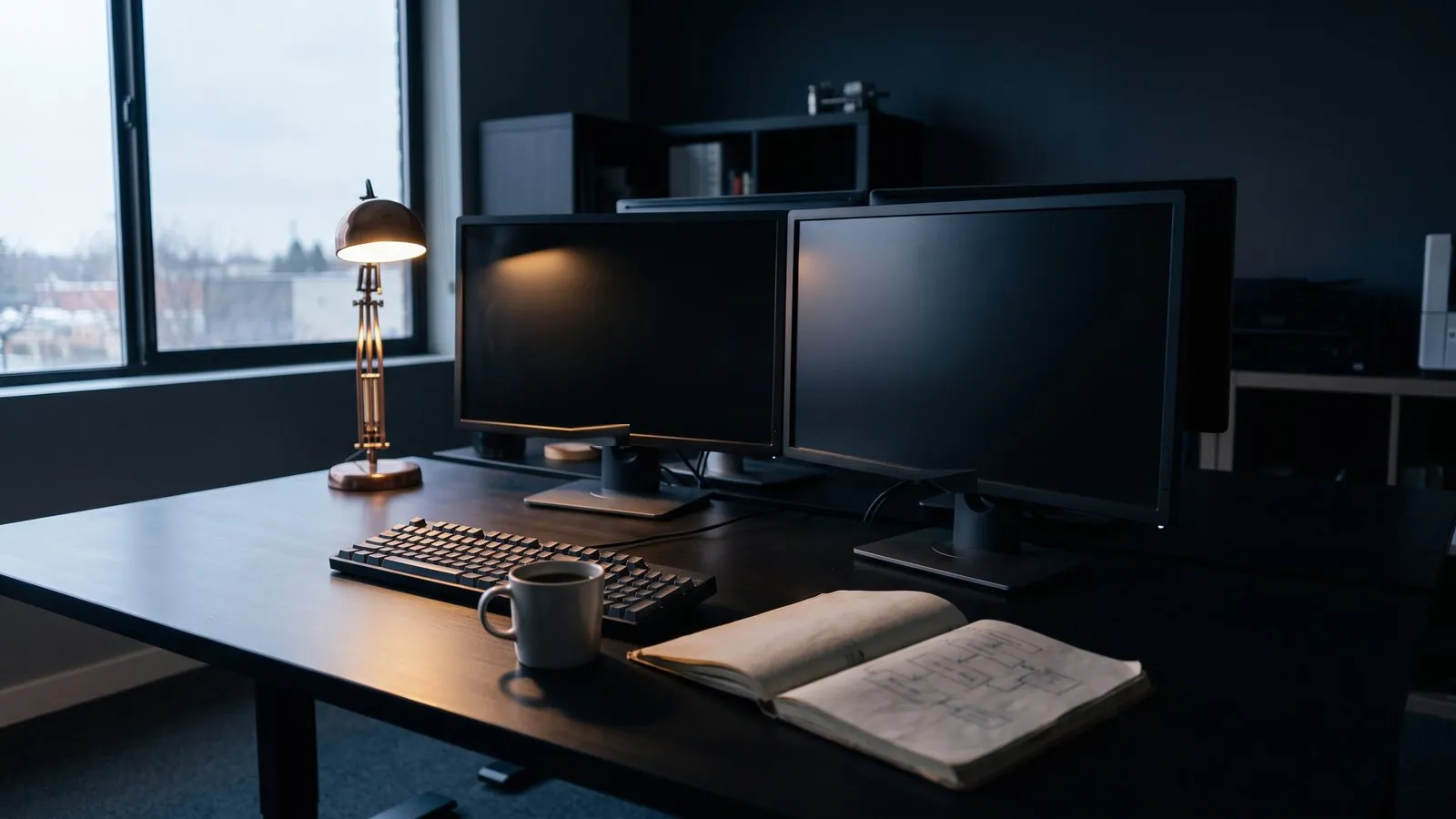 Two dark monitors, a mechanical keyboard and an open notebook with a pencil sketch of boxes and arrows on a desk by a window at dusk, no people