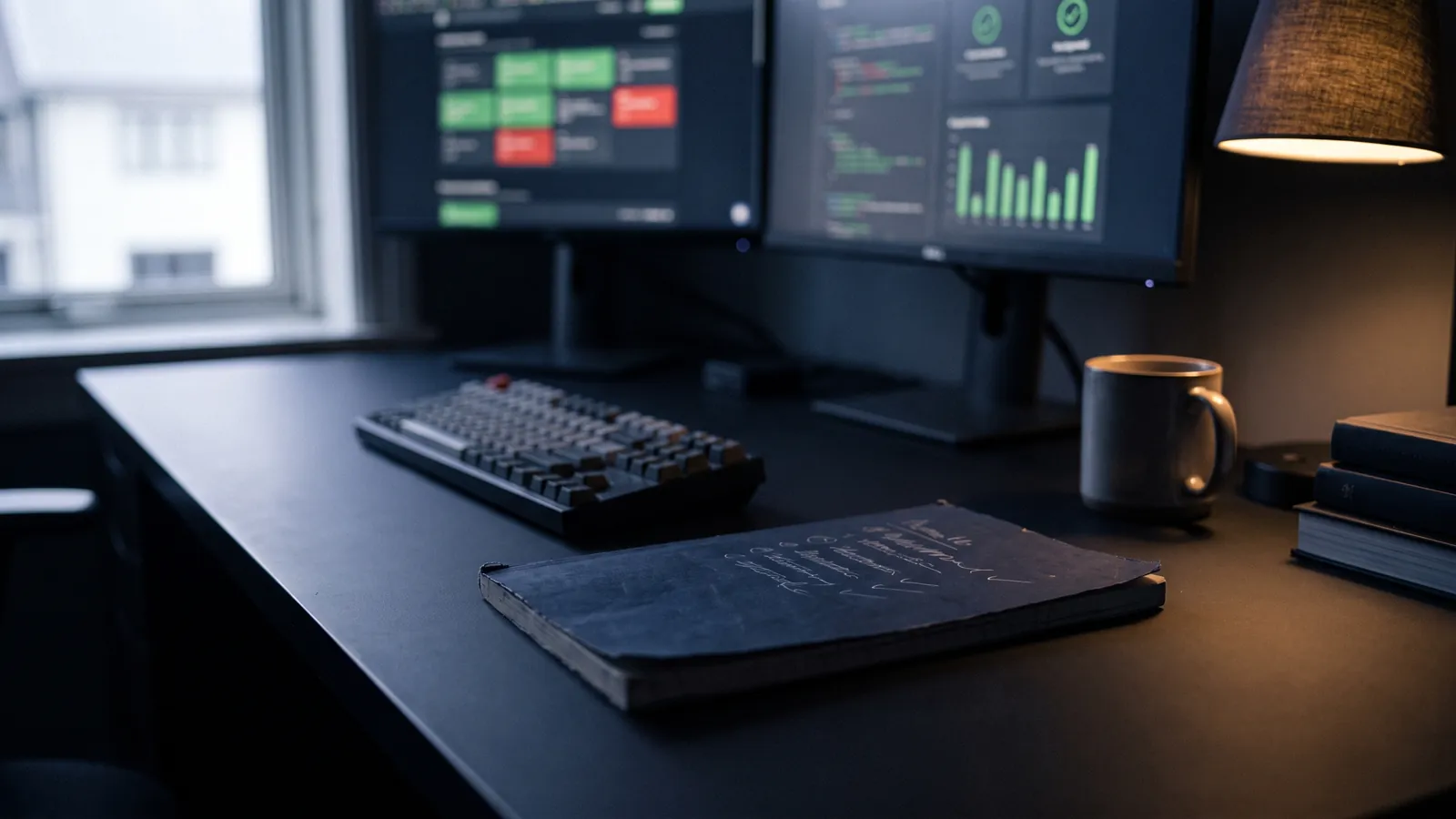 A developer desk with two monitors showing an out-of-focus review board and a pipeline dashboard with green checks, a notebook with a handwritten checklist beside a mechanical keyboard, no people