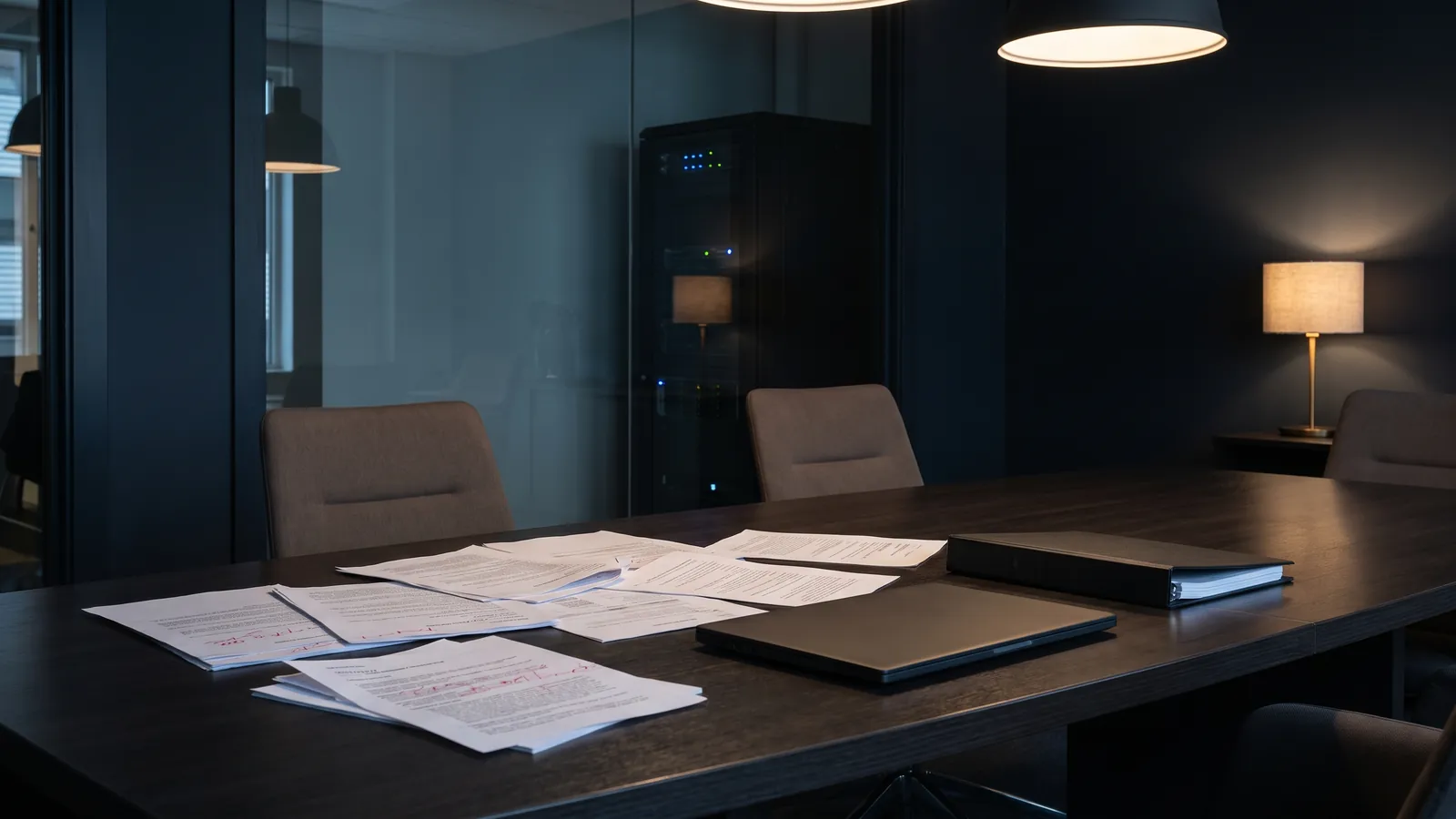 A boardroom table with printed pages marked in red pen, a closed laptop and a black binder, a server rack visible through the glass wall behind, no people