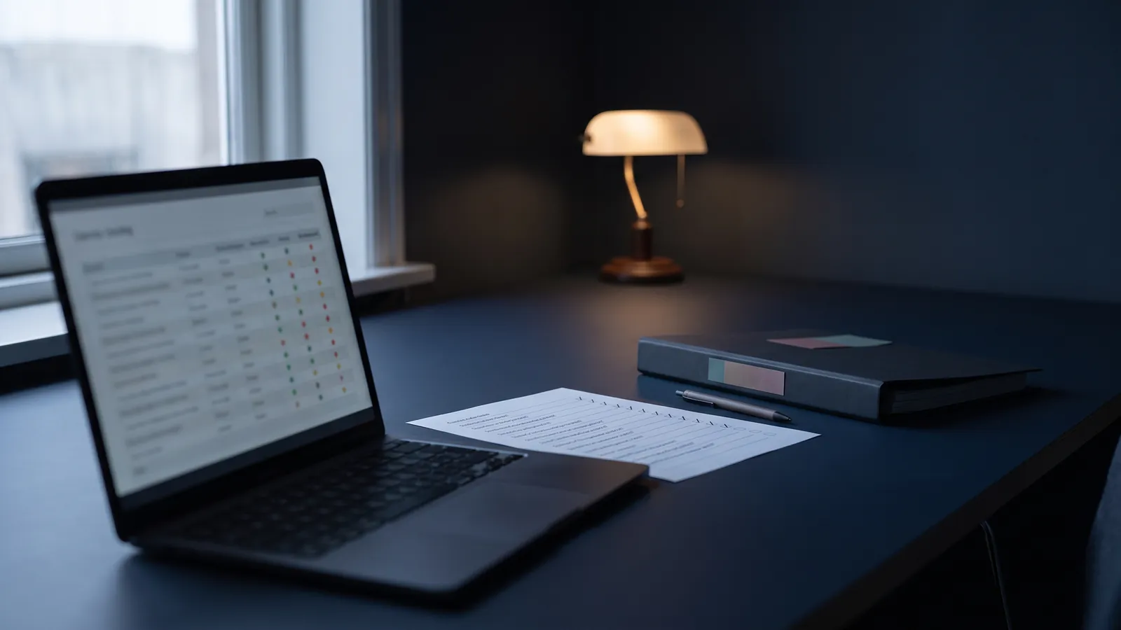 An open laptop showing an out-of-focus table with coloured status dots, a printed checklist with tick marks, a pen and a closed binder with coloured tabs on a dark desk under a lamp, no people