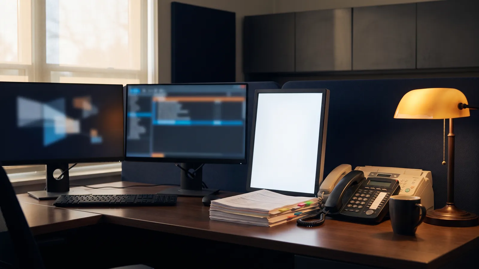 A clinic back office desk with two monitors showing a blurred form layout and a blank document viewer, a stack of printed pages with coloured index tabs, a desk phone, a fax machine, a coffee cup and an amber banker's lamp beside a bright window, no people