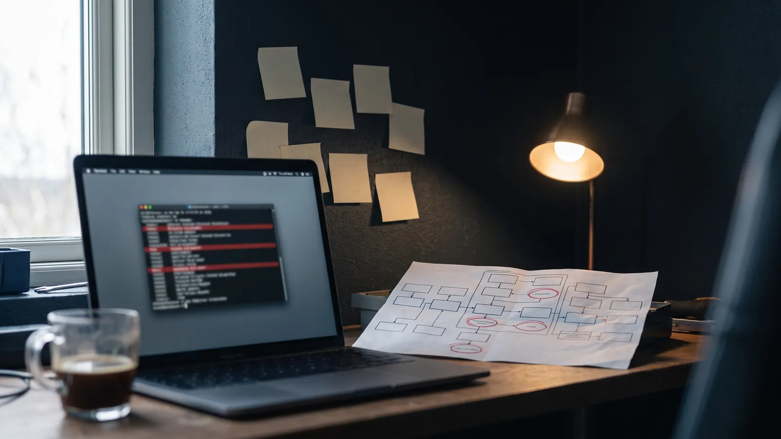 A laptop showing an out-of-focus terminal with red highlighted lines, a printed architecture diagram with red circled boxes, blank sticky notes on a dark wall, a glass of coffee and a desk lamp, no people