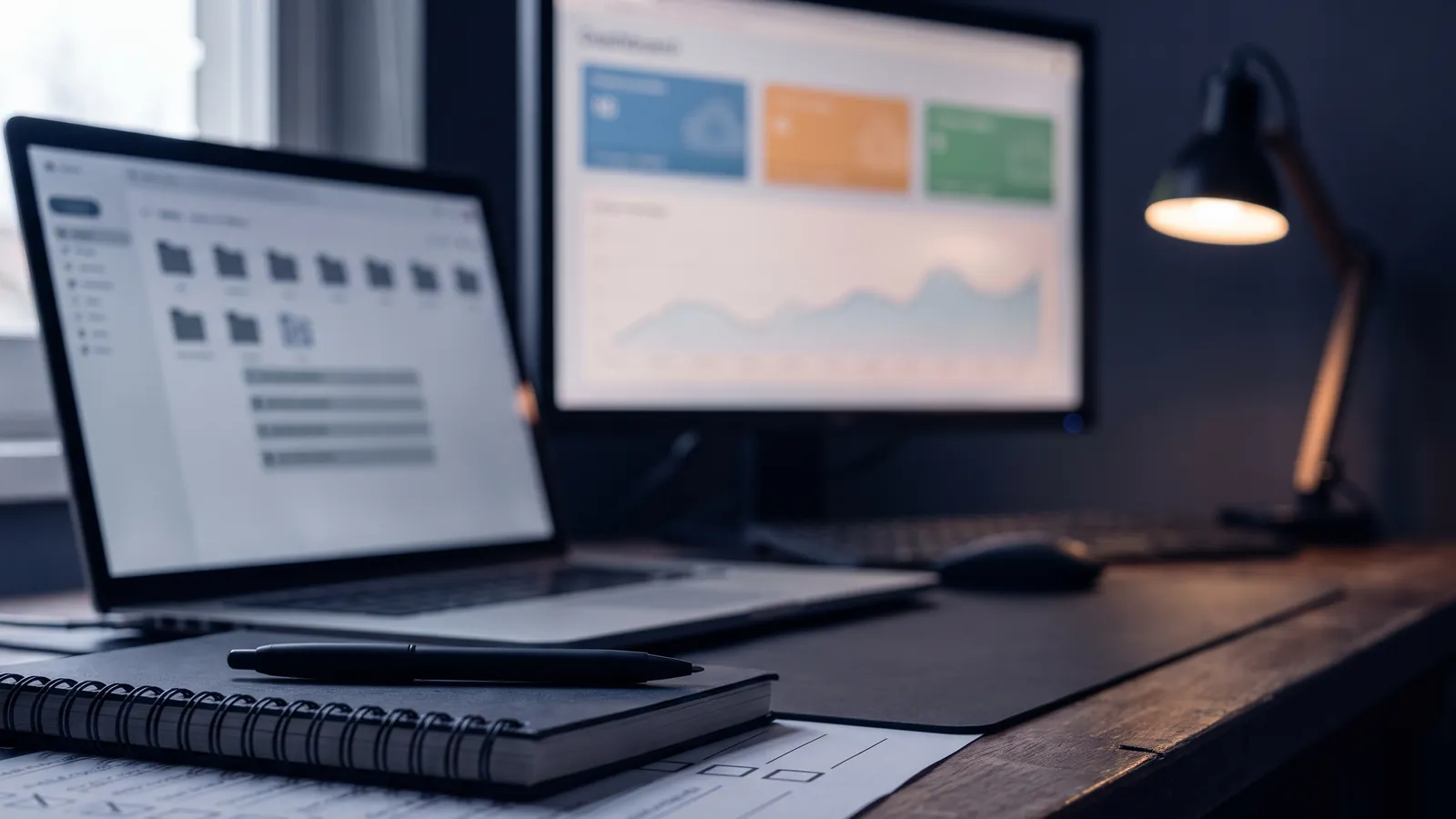 A laptop showing a blurred file tree of folder icons beside a monitor with a blurred dashboard of coloured panels and a line graph, a spiral notebook and pen on a printed checklist with empty tick boxes, under a desk lamp, no people