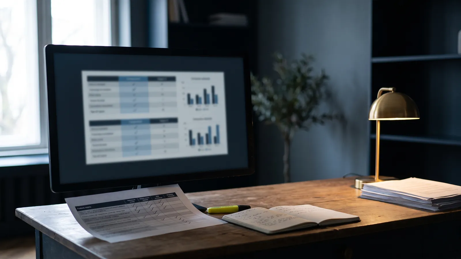 A monitor showing blurred comparison tables and small bar charts on a wooden desk by a window, a printed feature matrix with tick marks, a highlighter, an open notebook, a stack of paper and a brass lamp, no people