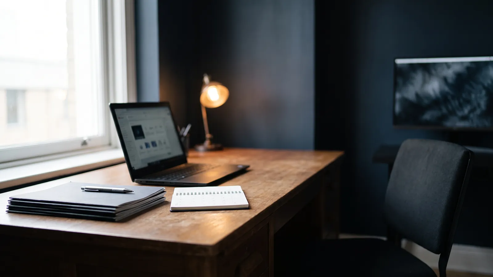 A wooden desk by a window with an open laptop, a stack of black folders with a pen, a small desk calendar and an empty chair, no people