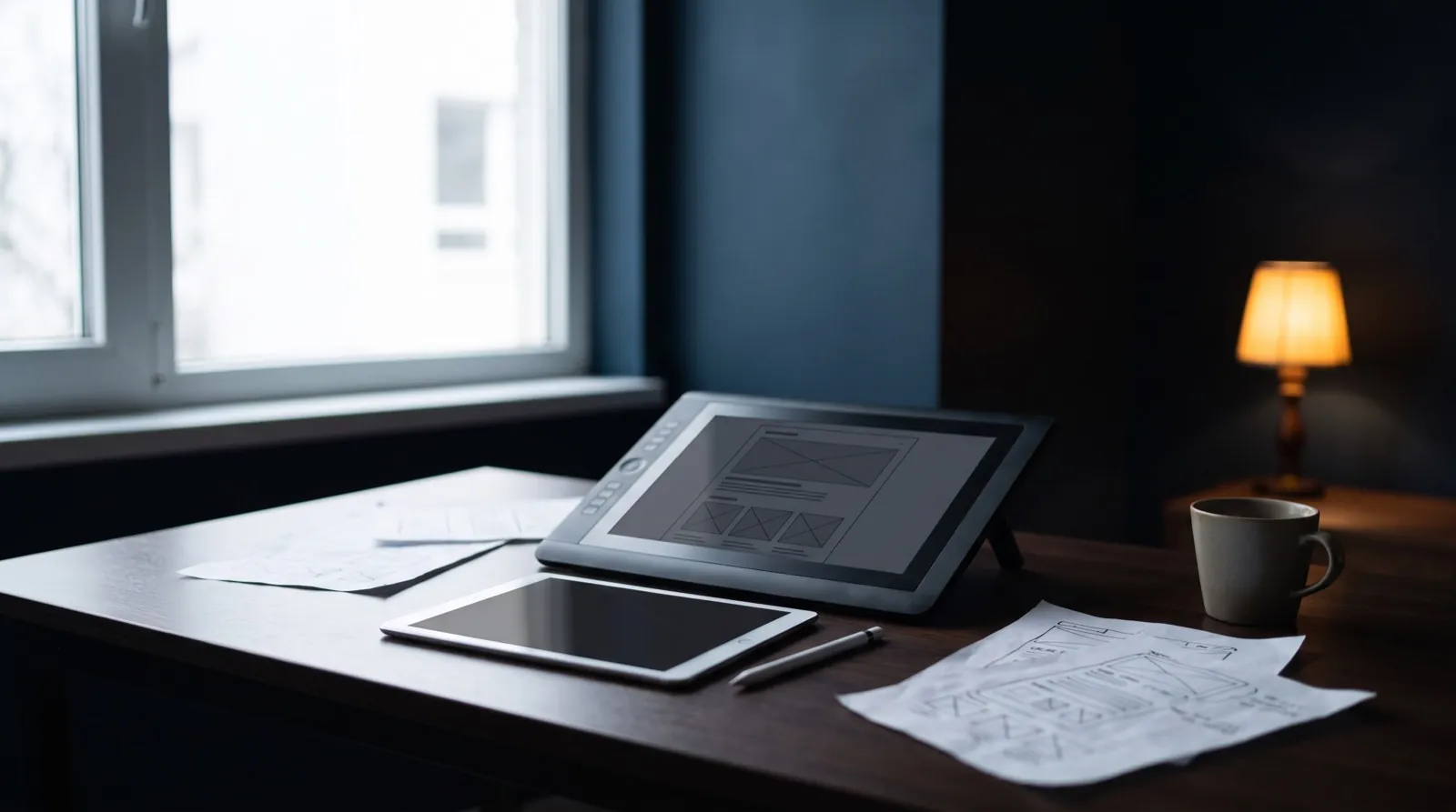 A graphics tablet showing abstract UI wireframe blocks on a dark navy designer's desk in natural light, no people