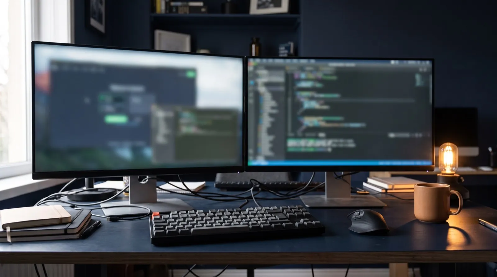 Developer workspace with code editors on screen in natural daylight, no people