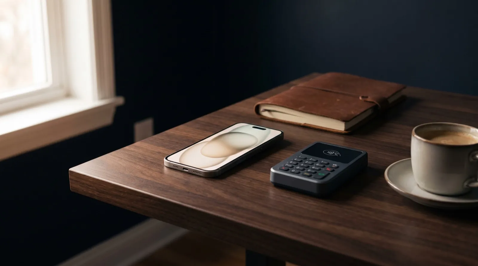 A smartphone and a small card payment terminal on a dark desk in natural light, no people