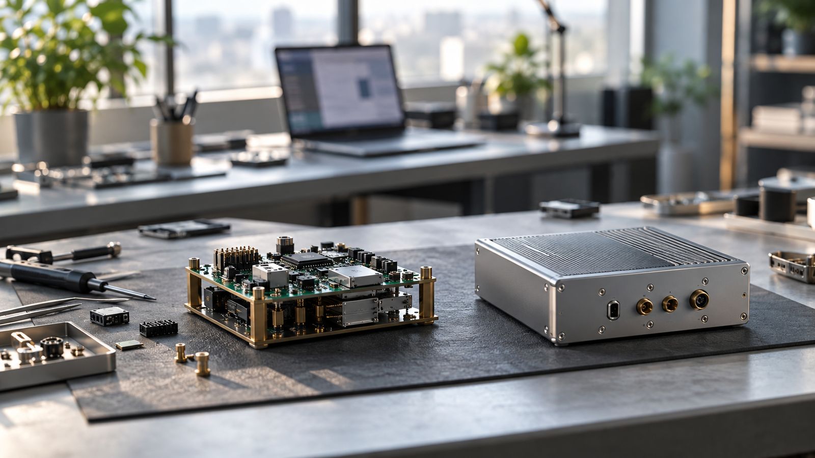 A custom electronic assembly beside a finished modular component on a workbench, no people.