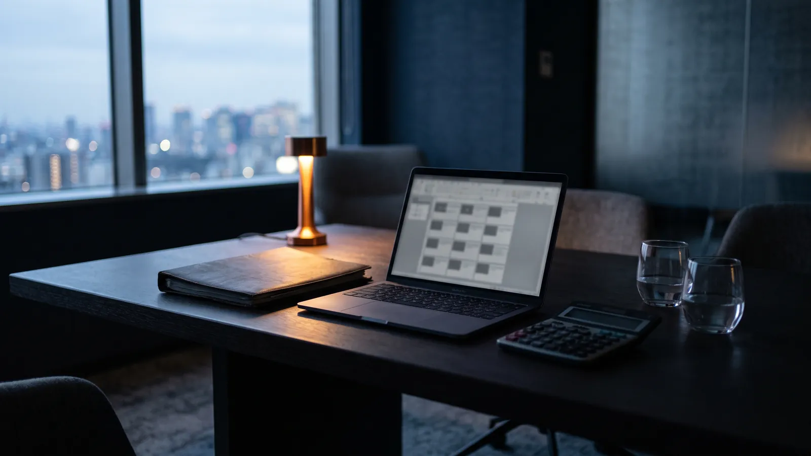 A dark boardroom table at dusk with a laptop showing a blurred spreadsheet, a closed leather folder, a calculator, two water glasses and a small copper lamp, city lights through the window, no people