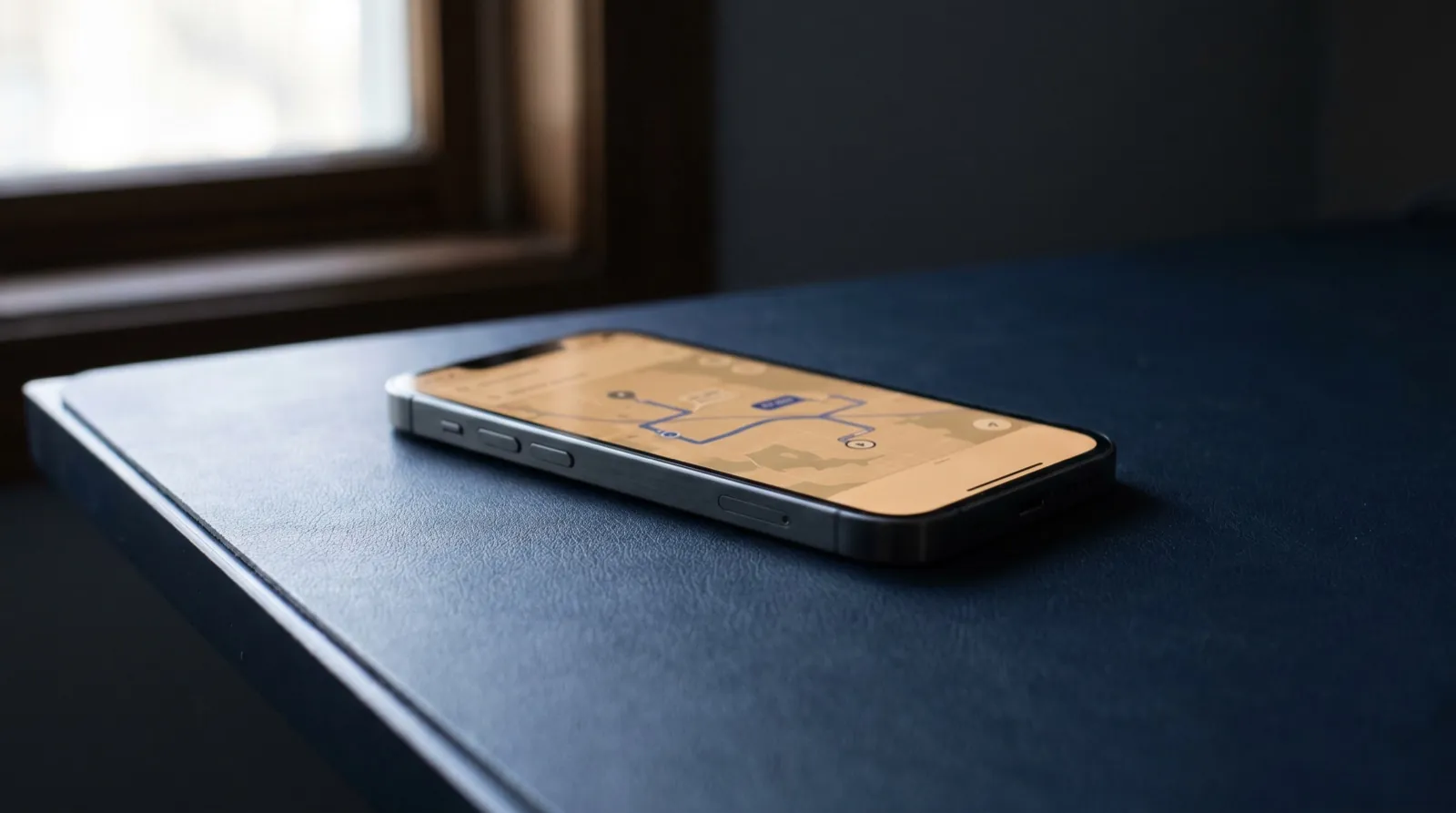 A smartphone showing a map style interface resting on a dark navy desk in natural window light, no people