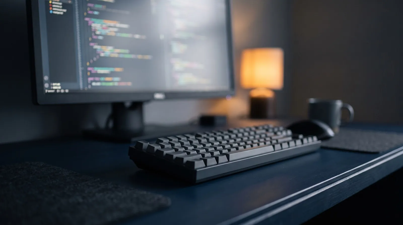 A developer keyboard and notebook with Python code on a dark desk in natural light, no people