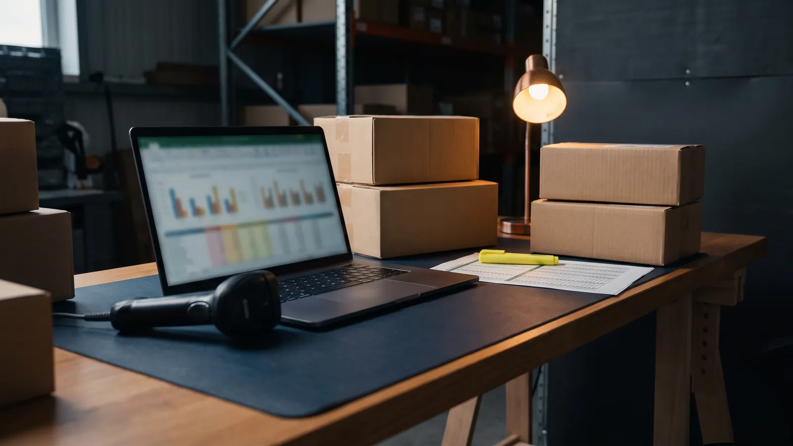 A laptop with an out-of-focus spreadsheet of bar charts on a navy desk mat in a warehouse office, a barcode scanner, stacked cardboard boxes, a printed sheet with a yellow highlighter and a desk lamp, no people