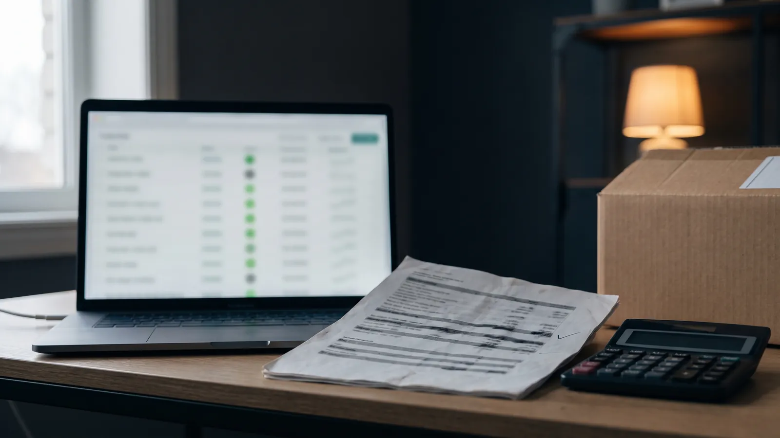 A laptop showing an out-of-focus list of order rows with green and grey status dots, a printed report with blurred figures and a pencil tick, a calculator and a plain cardboard box under a warm lamp, no people