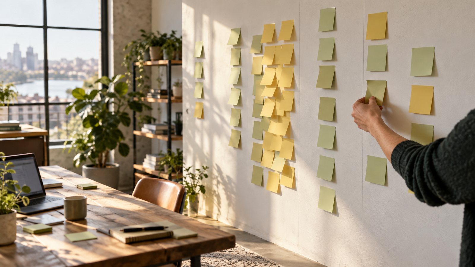 A hand moving a blank task card through a crowded column on a planning wall.
