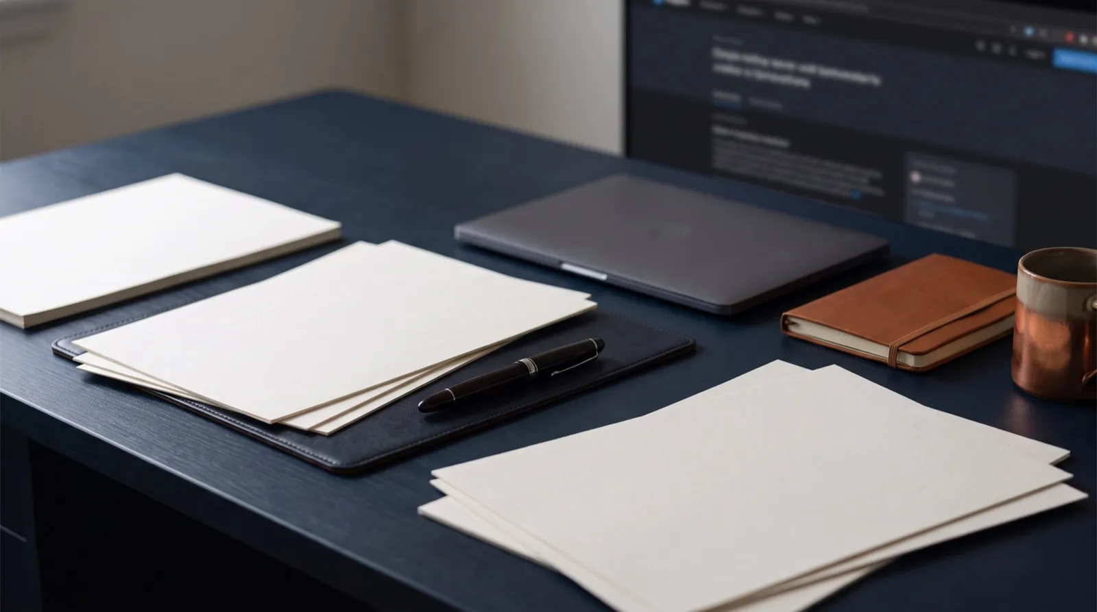 A contract document, a calculator, and a laptop on a dark wooden desk in natural light, no people