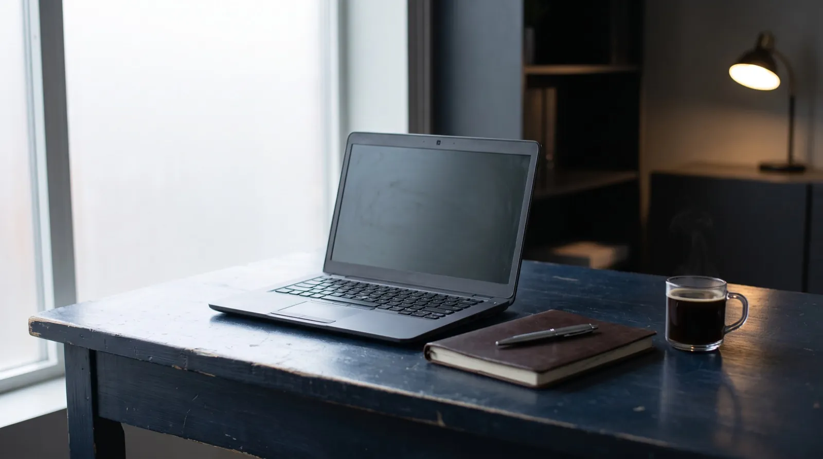 An open laptop, a closed notebook with a pen, and a cup of coffee on a dark navy desk in soft natural light, no people