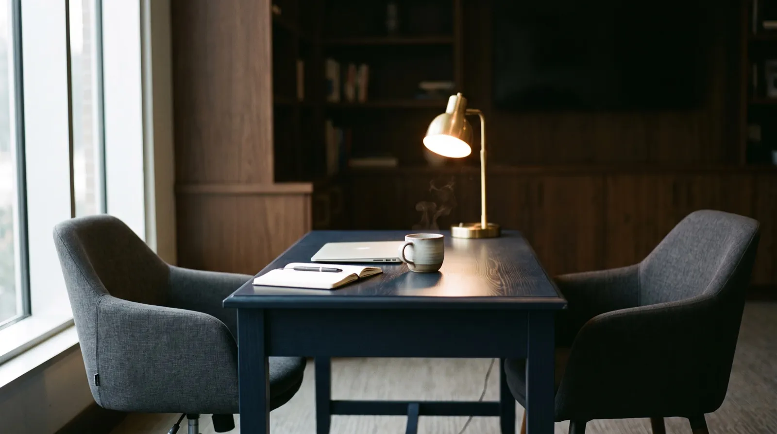 Two empty chairs facing each other across a dark navy desk with a closed laptop and a coffee cup, set up for an interview, no people