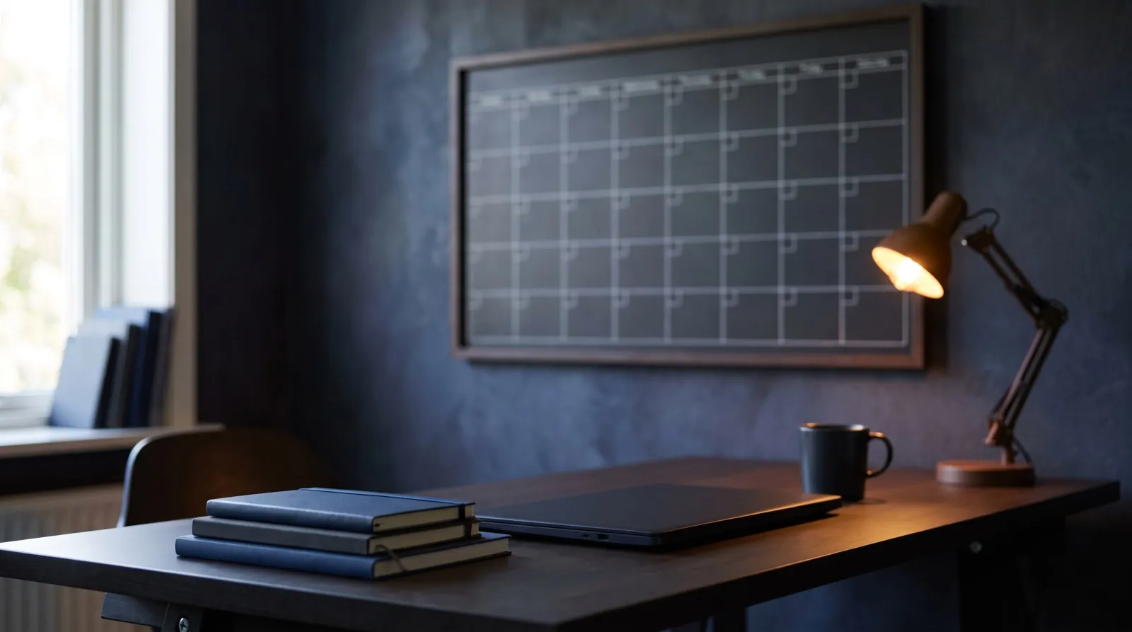 A dark navy desk with a closed laptop, a stack of notebooks, and a wall planner in soft focus, lit by natural light, no people