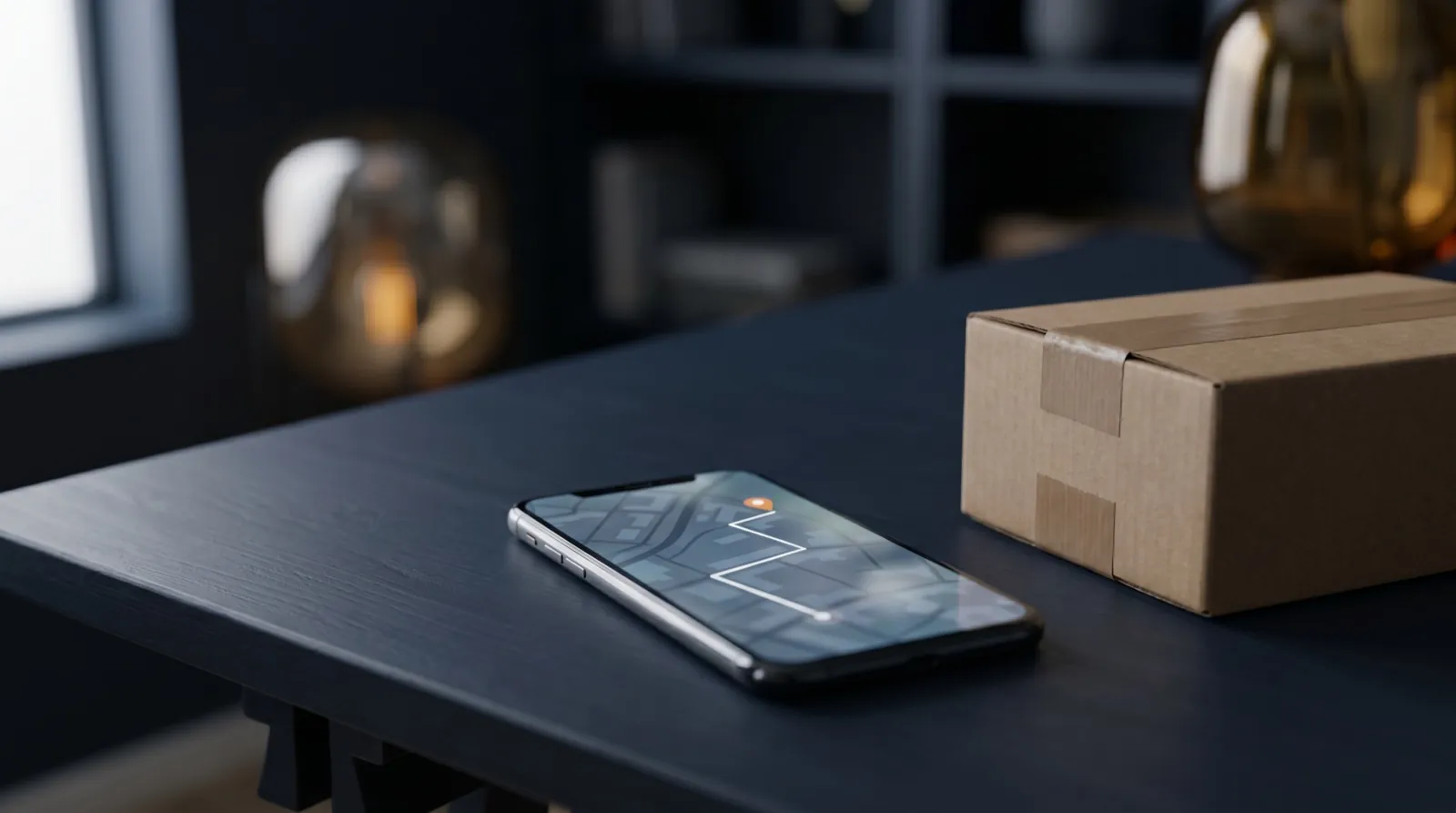 A smartphone showing a map and route next to a small delivery package on a dark navy desk in natural light, no people