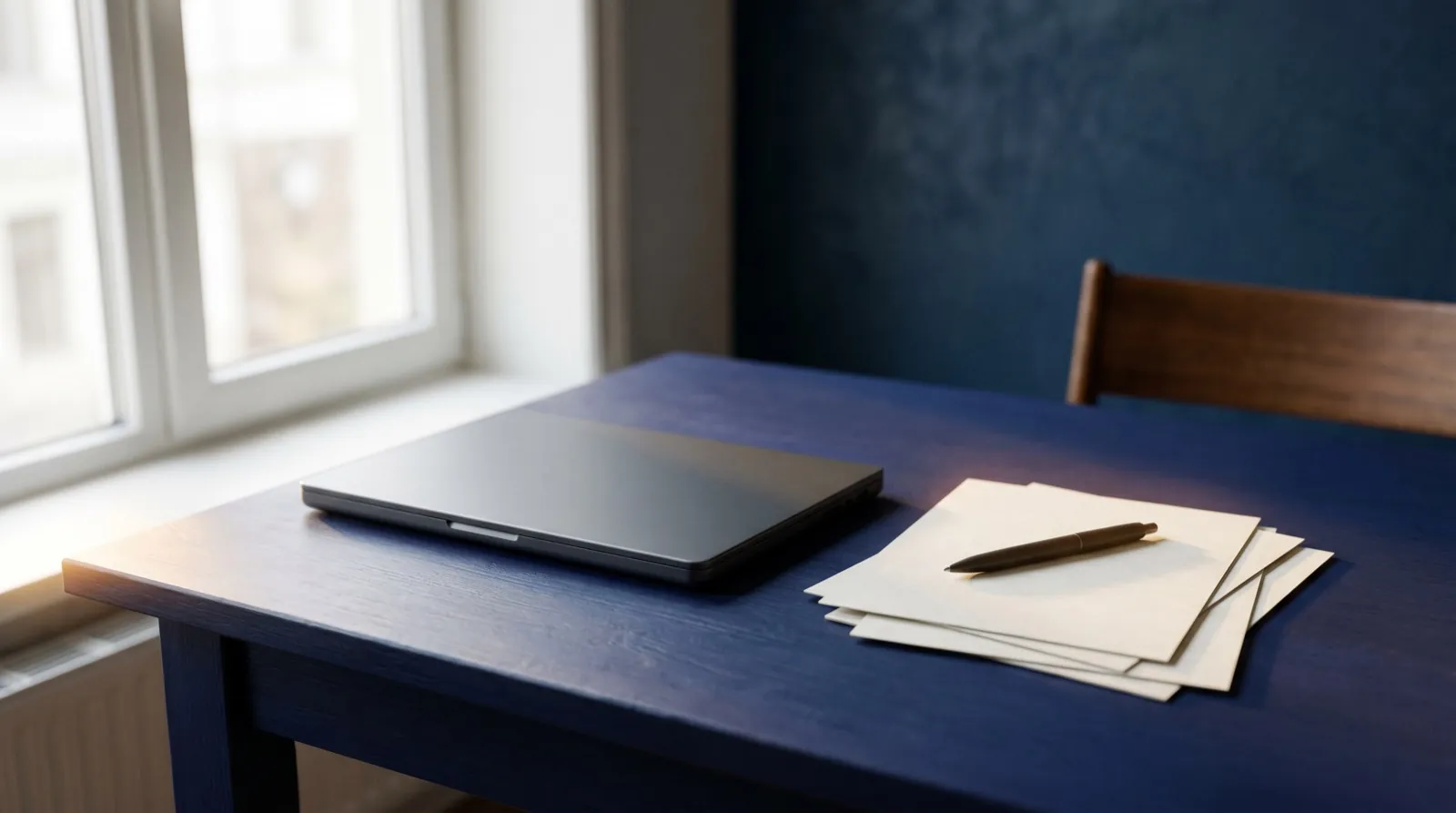 A closed laptop, a small stack of documents, and a pen on a dark navy desk in natural light, no people