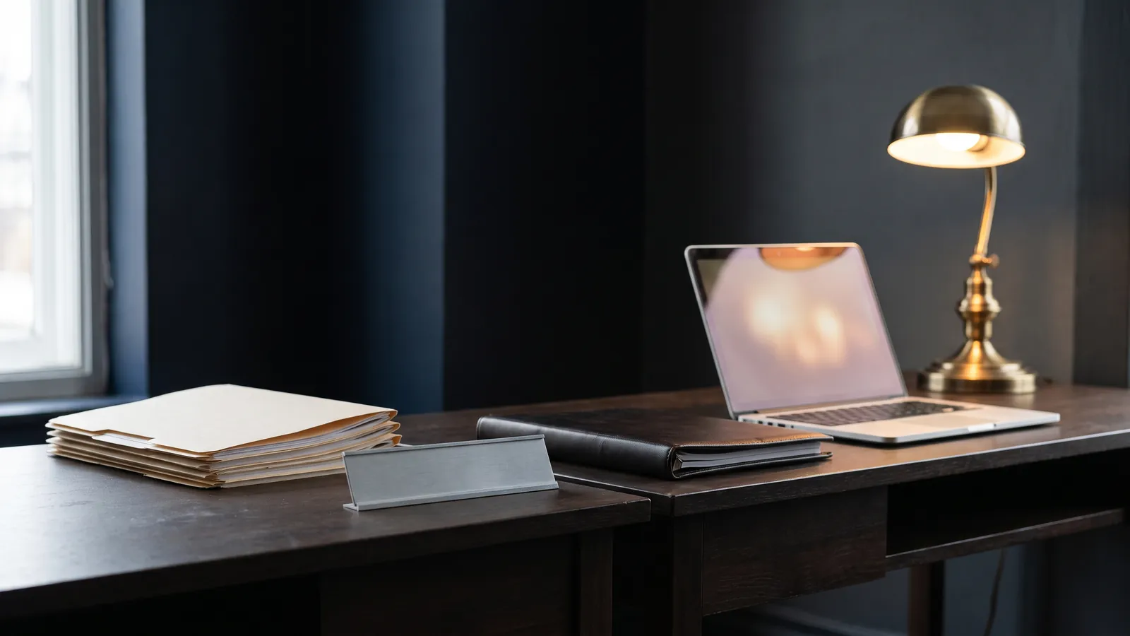 Two facing office desks, one holding a stack of manila folders and a blank nameplate, the other an open laptop under a brass lamp, no people