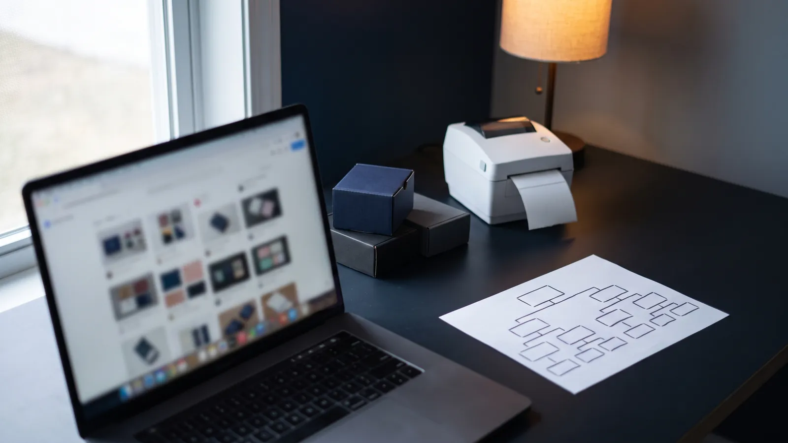 A laptop showing a blurred grid of product photos on a dark desk beside small shipping boxes, a white label printer, a lamp and a printed sheet with a hand-drawn tree of empty boxes, no people