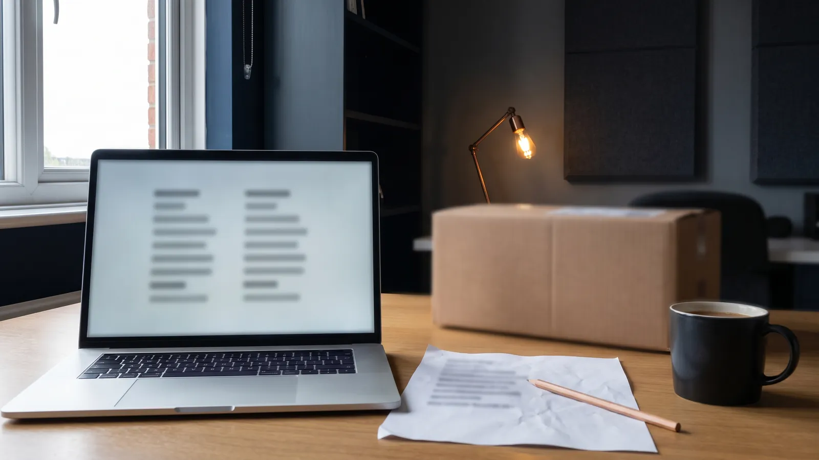 A laptop showing a blurred two-column spreadsheet of short rows on a wooden desk beside a printed sheet of blurred lines with a pencil, a black mug and a plain cardboard box under a small lamp, no people