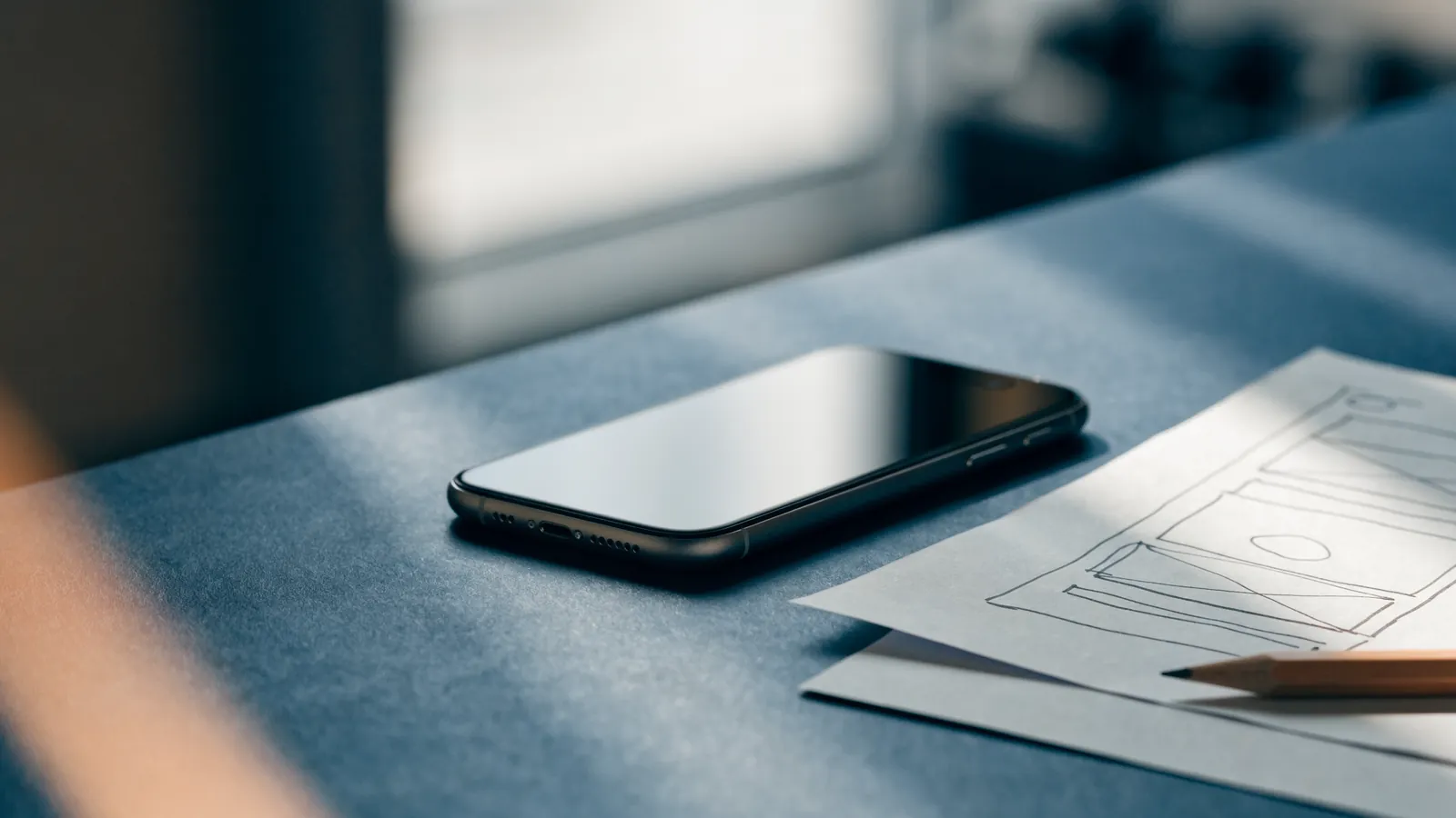 A smartphone and an open laptop showing wireframe sketches on a wooden desk beside a notebook and pen in soft daylight, no people