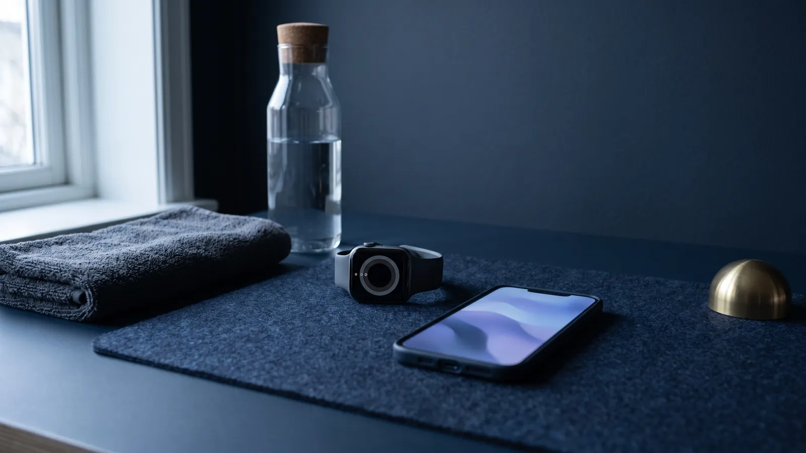 A smartwatch showing activity rings and a smartphone showing an abstract wavy chart on a dark navy desk mat beside a folded towel and a glass water bottle, no people