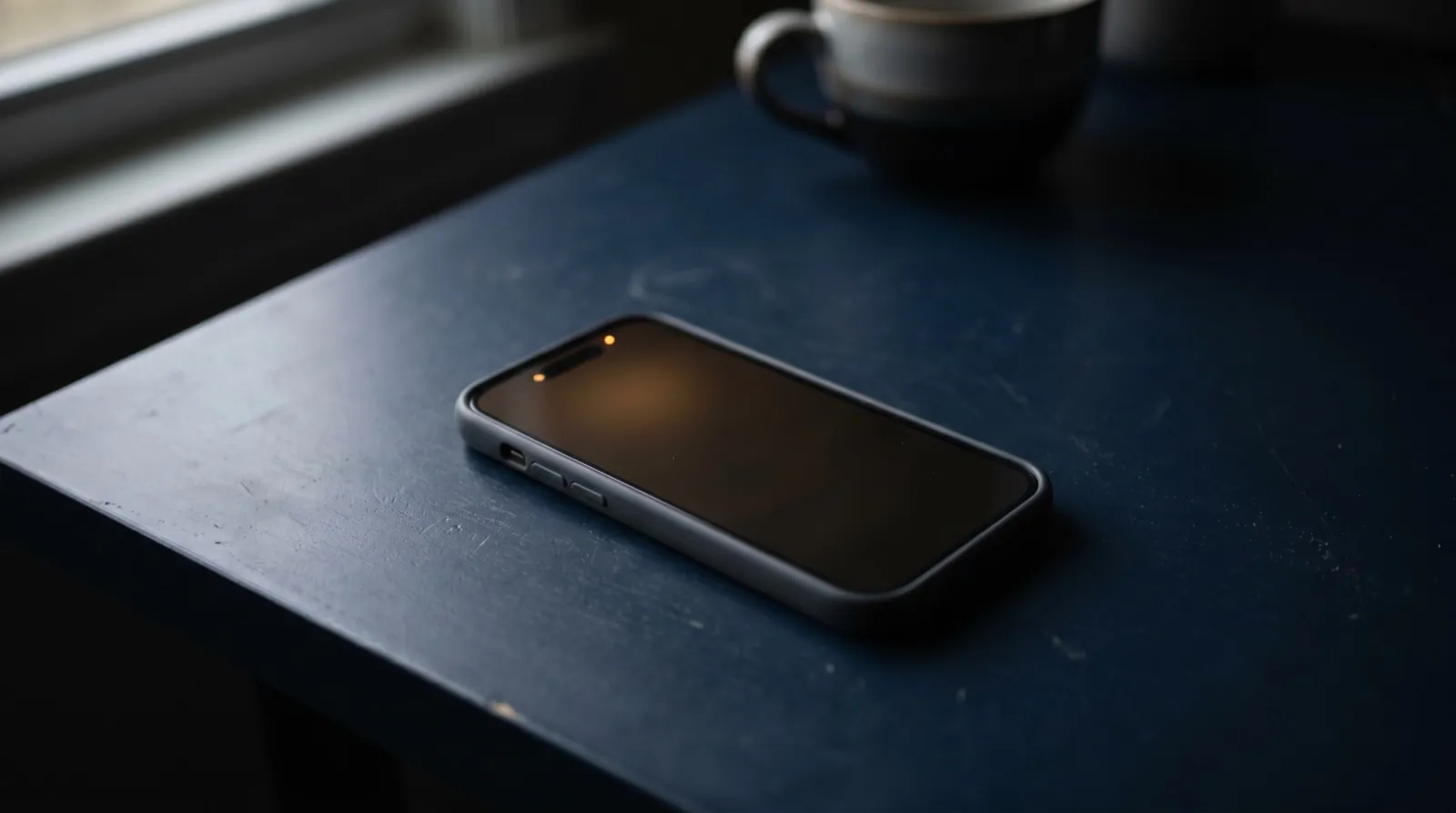 A smartphone resting face-up on a dark navy desk in natural light, its screen showing a soft notification glow, no people