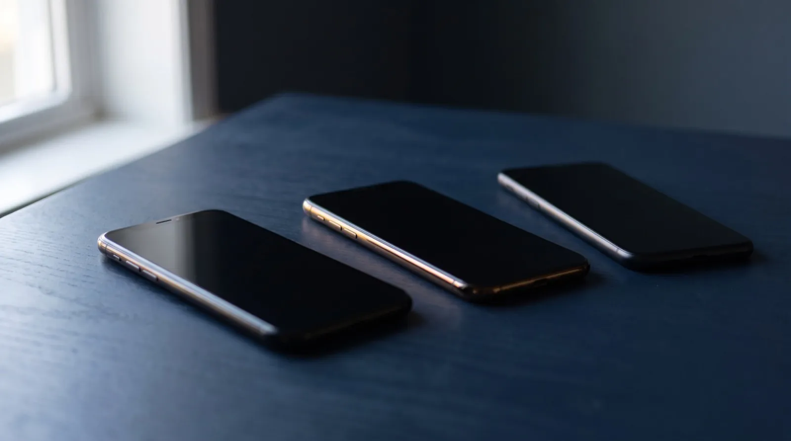 Three smartphones arranged on a dark navy desk in natural light, screens off, no people