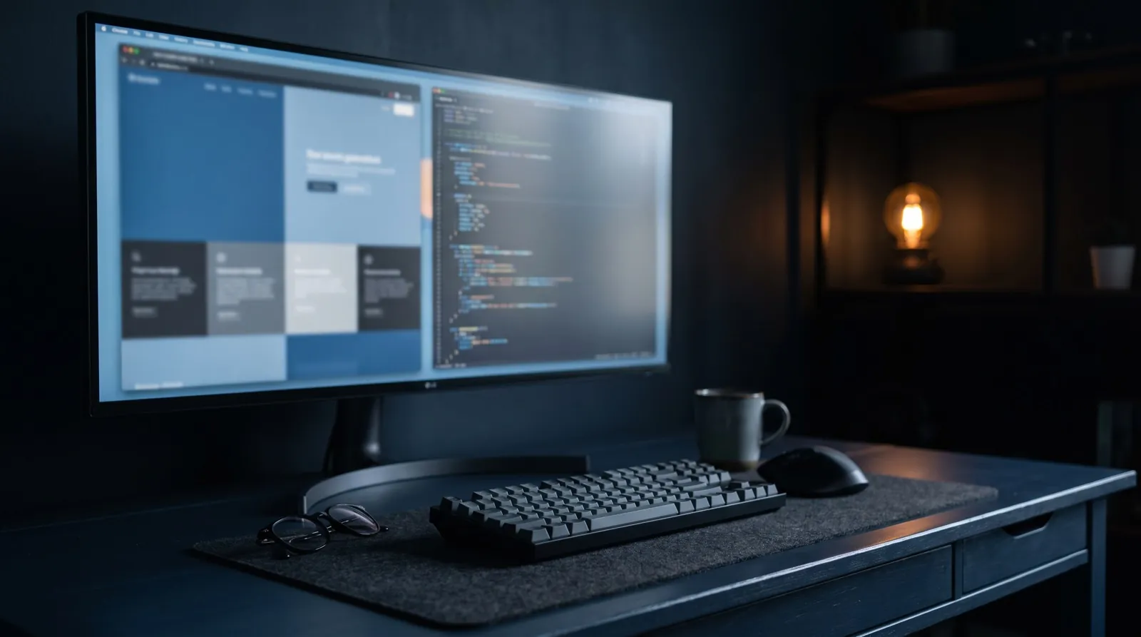 A developer workstation with code on a dark monitor and a keyboard in natural light, no people