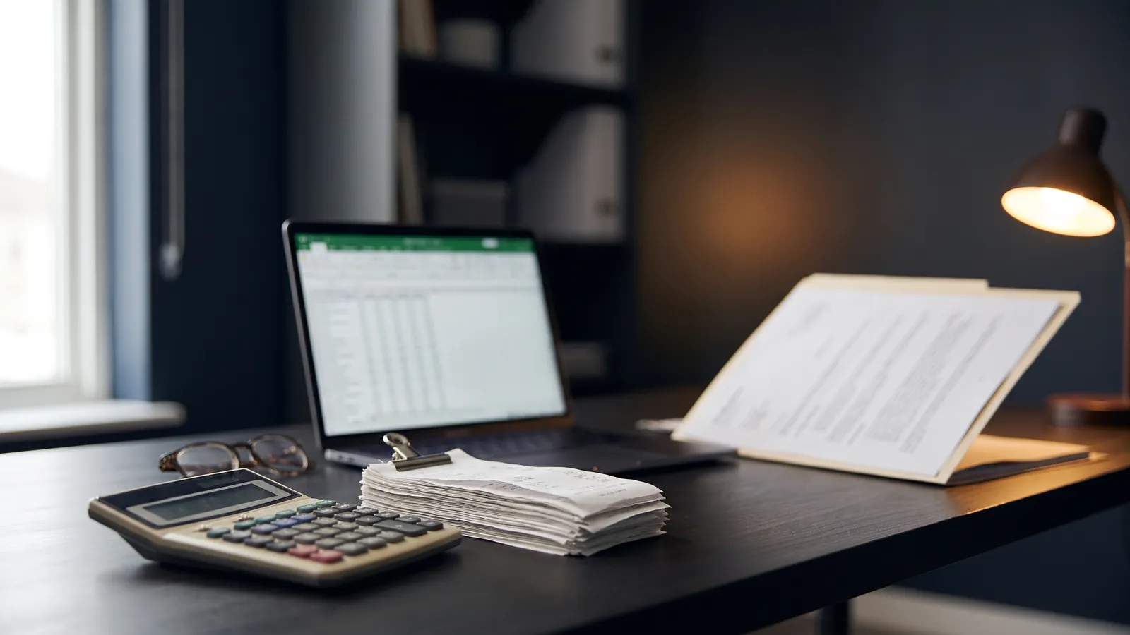 An accountant's dark desk with a calculator, a clipped stack of receipts, reading glasses, a laptop showing a blurred ledger spreadsheet and an open folder of printed invoices under a desk lamp, no people